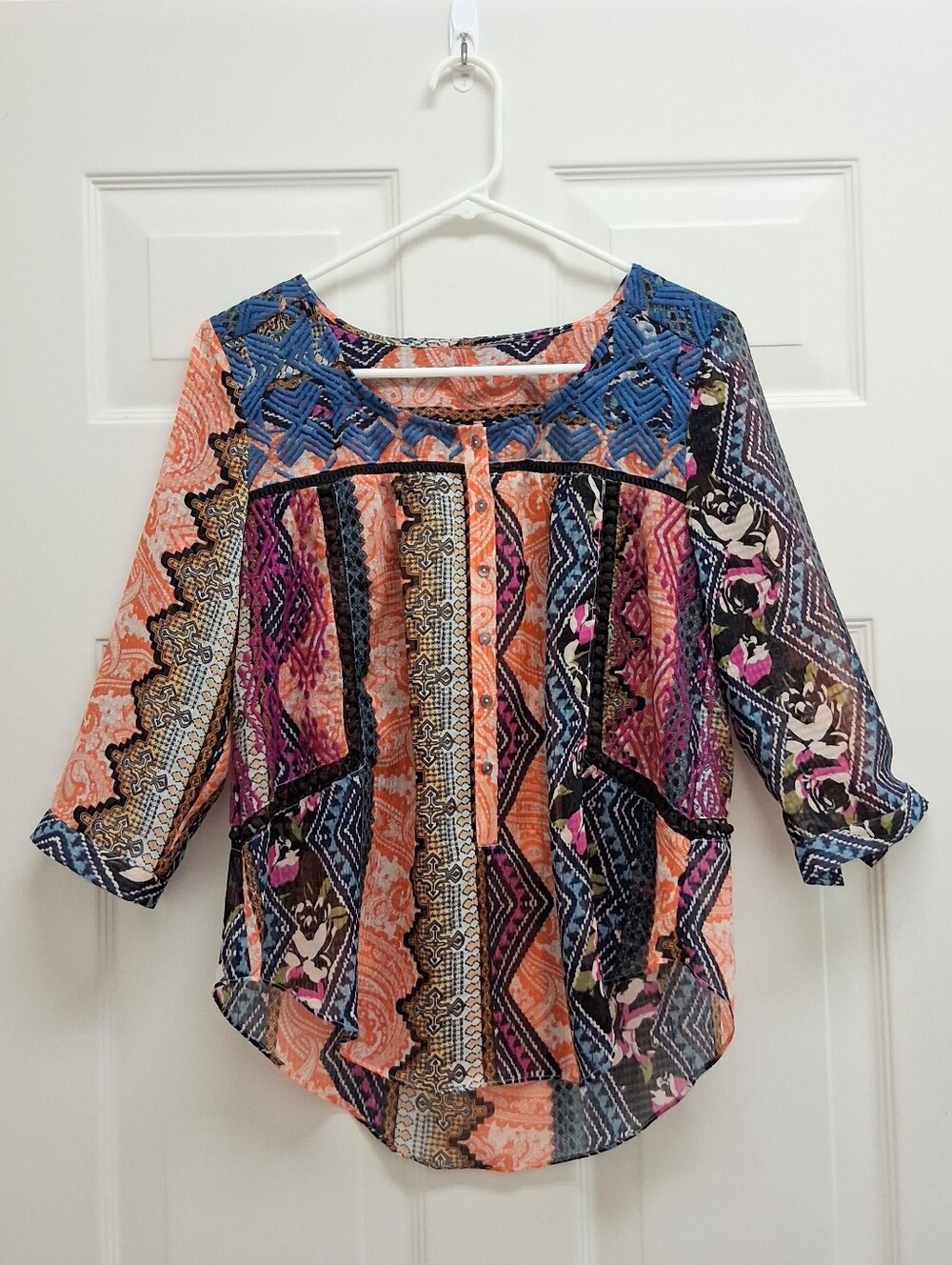 Anthropologie Vanessa Virginia Patchwork Henley Top Boho Peasant Small READ